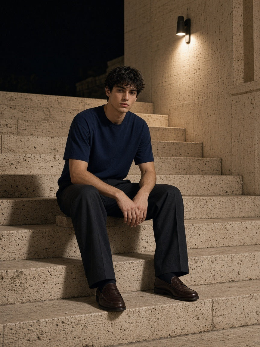 Man in the Marcel Afters Essential Sorona Boxy T-Shirt in Navy Blue on lamplit limestone steps at night