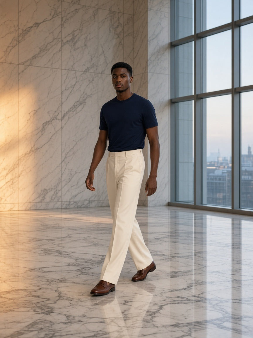 Man in the Marcel Afters Essential Standard Shoulder T-Shirt in Navy Blue in a marble hotel lobby in London at dawn