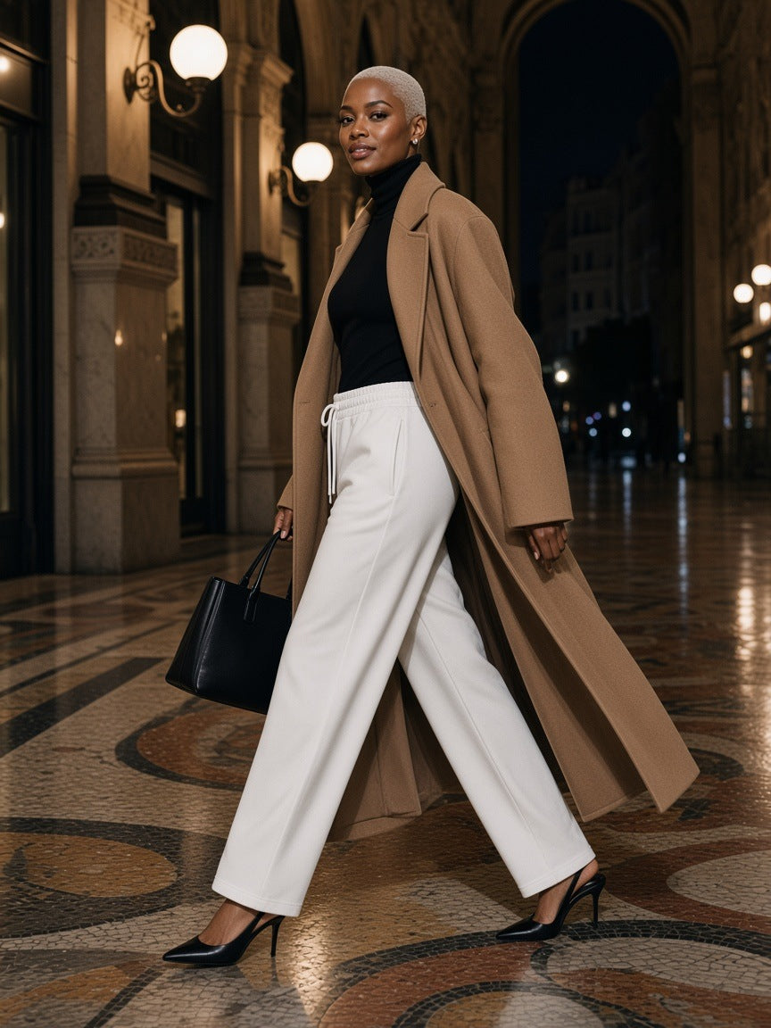 Woman in the Essential Straight-Leg Sweatpants in White at a SoHo curb in New York at night