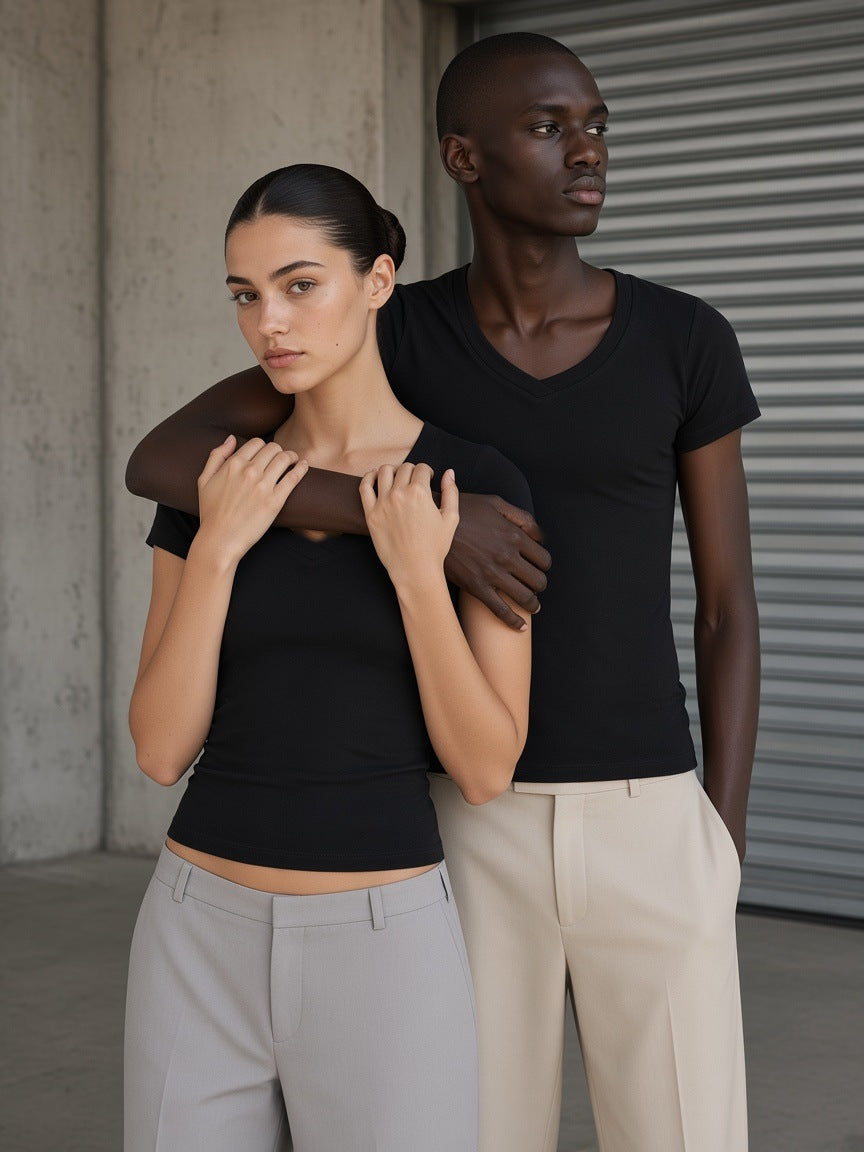 Marcel Afters Essential V-Neck Bodycon T-Shirt — Dark, Black, couple, studio