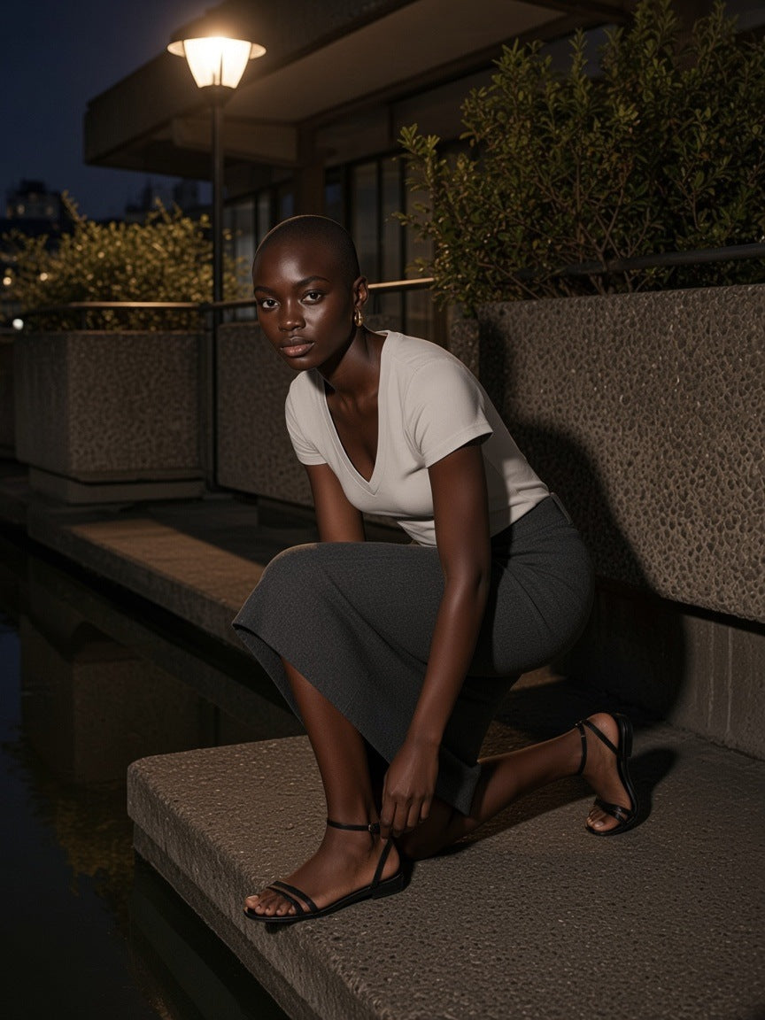 Woman in the Essential V-Neck Bodycon T-Shirt in Light Gray kneeling to fix a sandal on the Barbican highwalk in London at night
