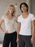 Marcel Afters Essential V-Neck Bodycon T-Shirt, Oat Gray and White, couple, studio