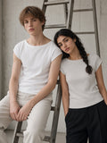 Marcel Afters Essential Wide Neck Baby T-shirt, White and Light Apricot, couple, studio