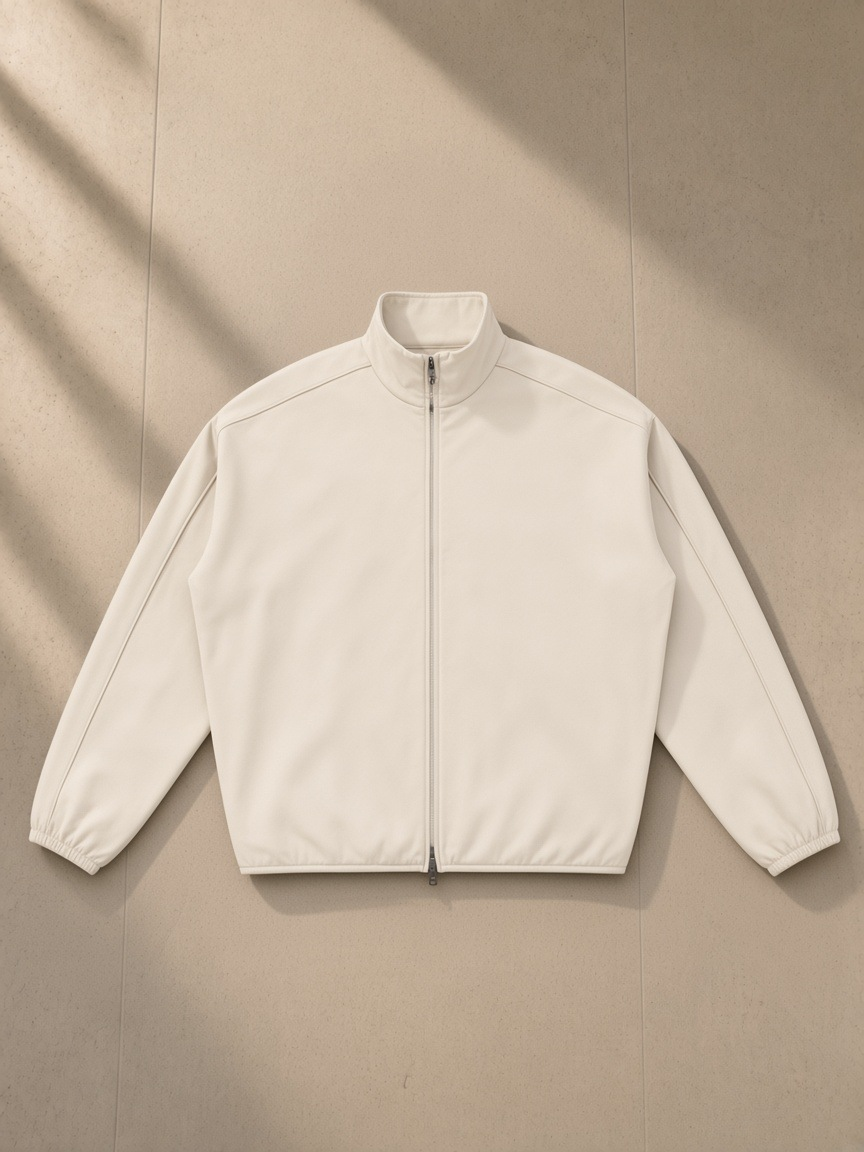 Essential Heavyweight Stand Collar Jacket in Mild Apricot, laid flat on pale limestone