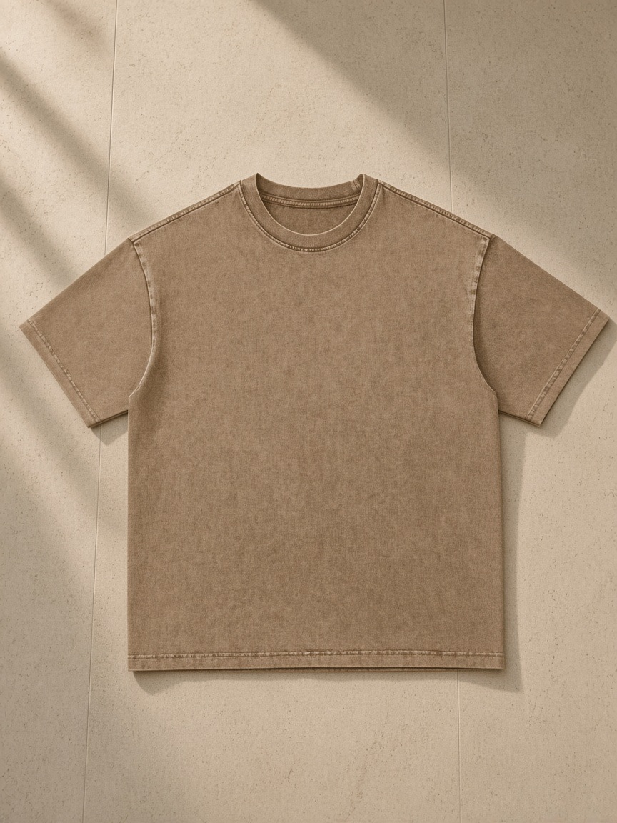Snow Washed Heavyweight Oversize T-Shirt in Coffee, laid flat on pale limestone