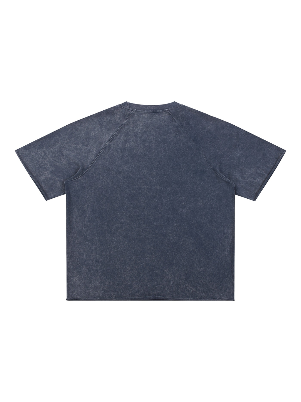 Unisex mineral wash raw edge t-shirt in Navy Blue, back view on white. Marcel Afters
