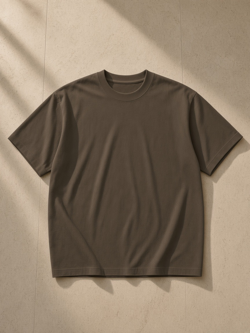 Unisex heavyweight oversized t-shirt in Coffee, laid flat on pale limestone