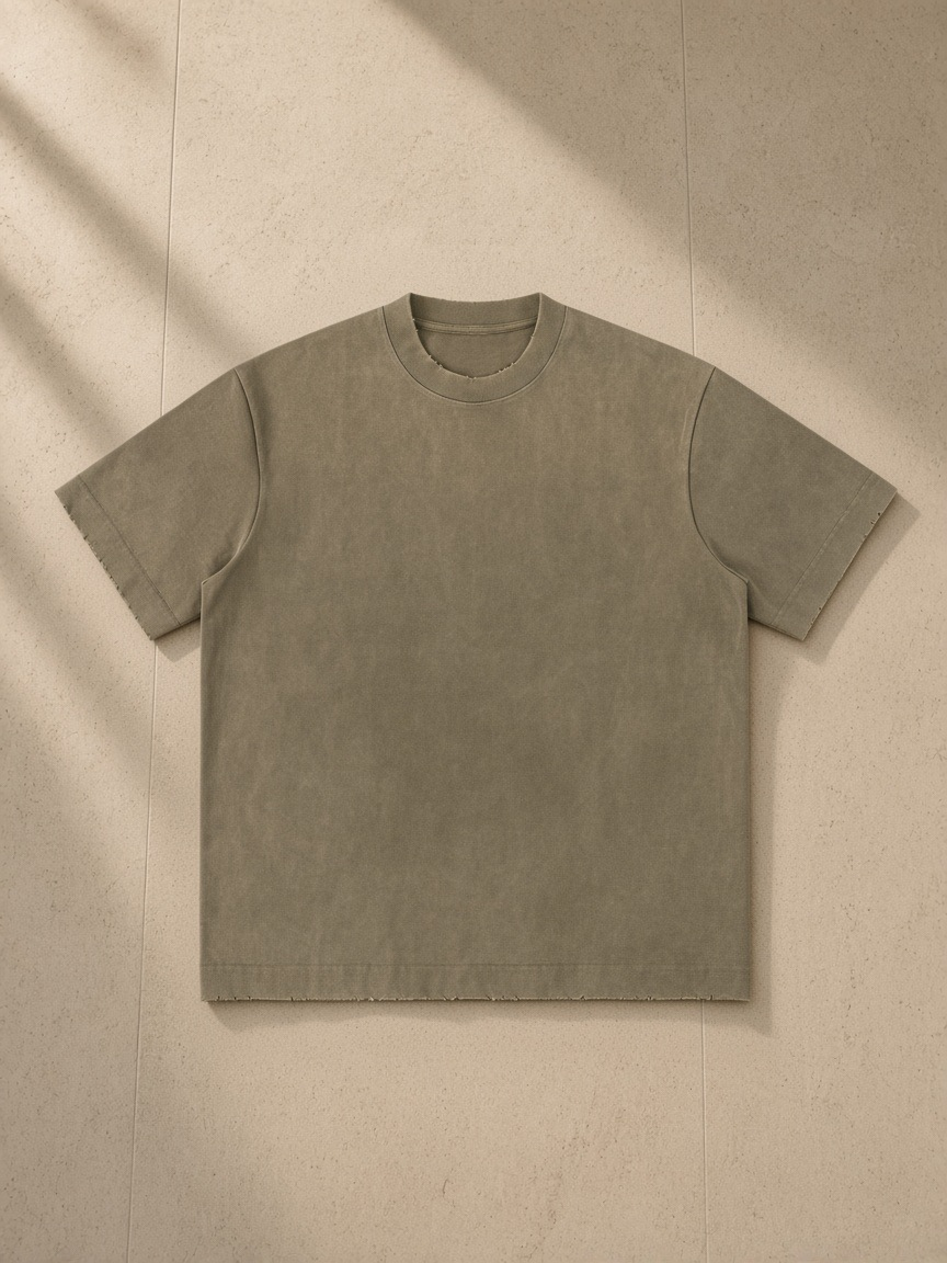 Women's heavyweight vintage washed frayed t-shirt in Gray Coffee, laid flat on pale limestone