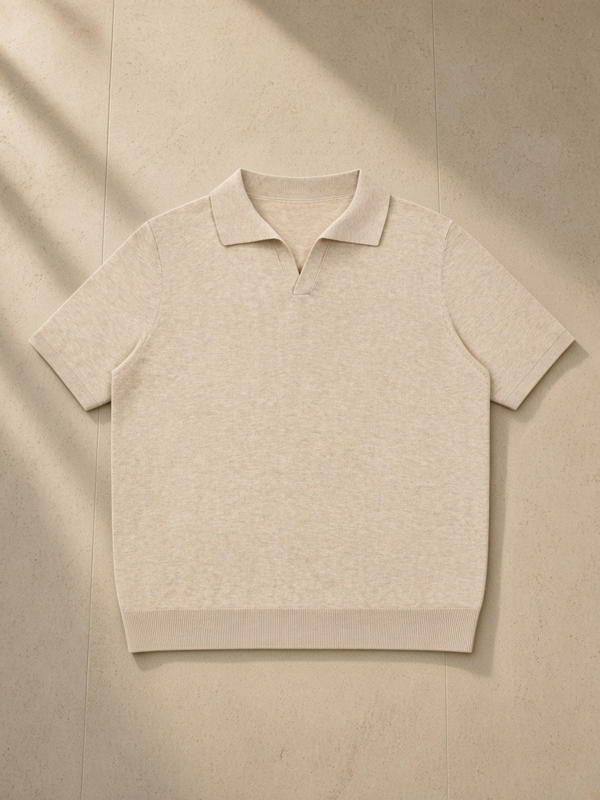 Unisex Heavyweight Oversized Polo Shirt in Mild Apricot, laid flat on pale limestone