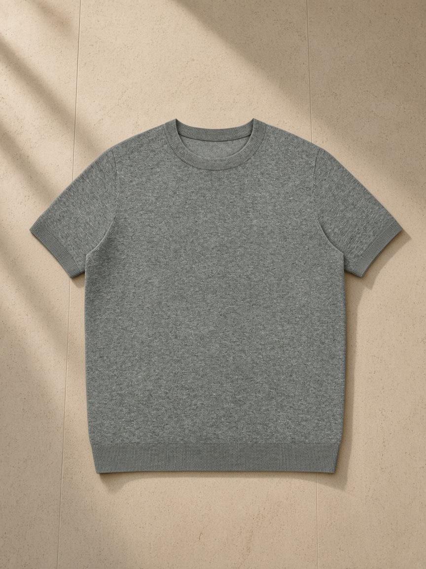 Crewneck Knit T-Shirt in Flower Gray, laid flat on pale limestone