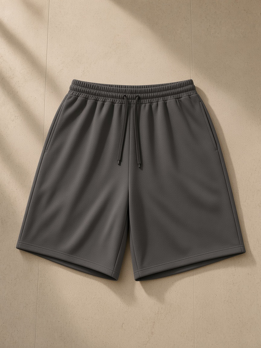Loose Raw Edge Shorts in Dark Gray, laid flat on pale limestone