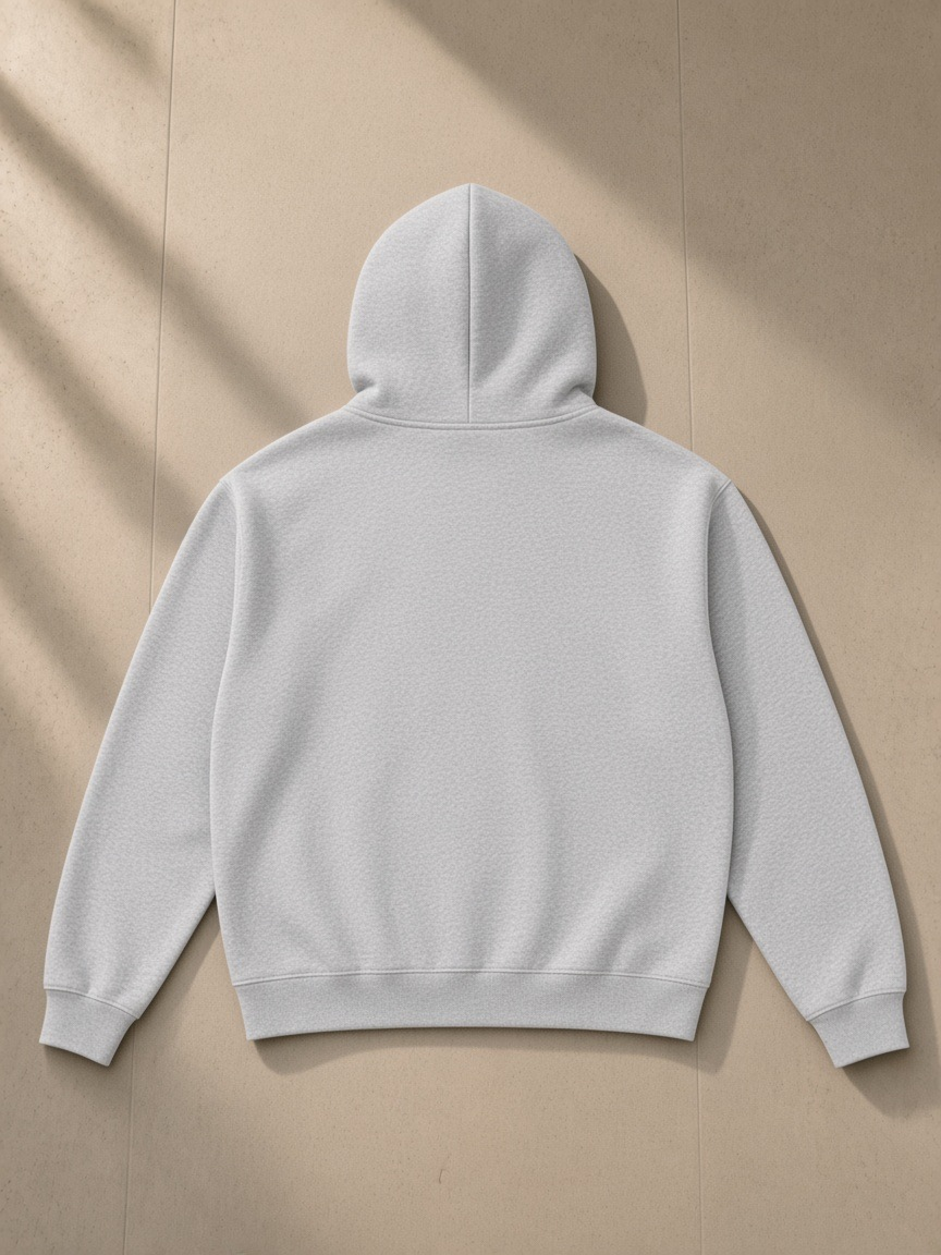 Essential fleece zip-through hoodie in Flower Gray, laid flat on pale limestone, back view