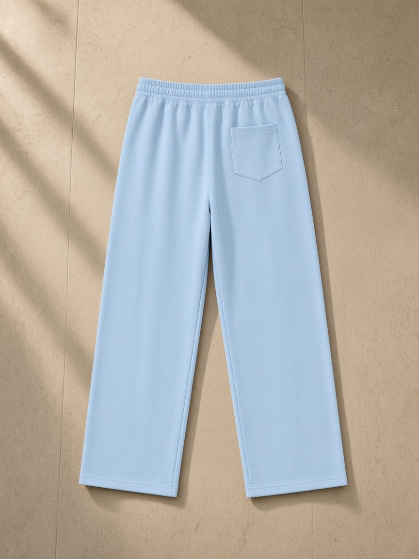 Straight Leg Sweatpants in Sky Blue, laid flat on pale limestone, back.