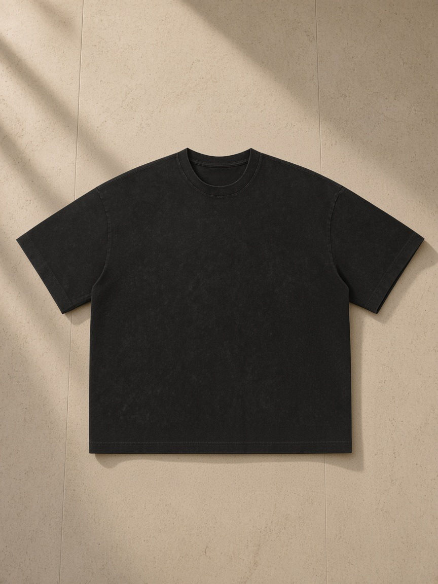 Unisex vintage wash boxy t-shirt in Black, laid flat on pale limestone