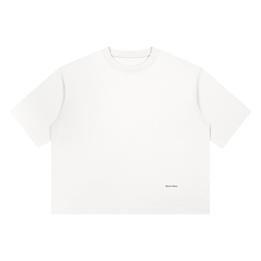 Women's Heavyweight Boxy T-Shirt in White, front view, small Marcel Afters wordmark at the lower left front.