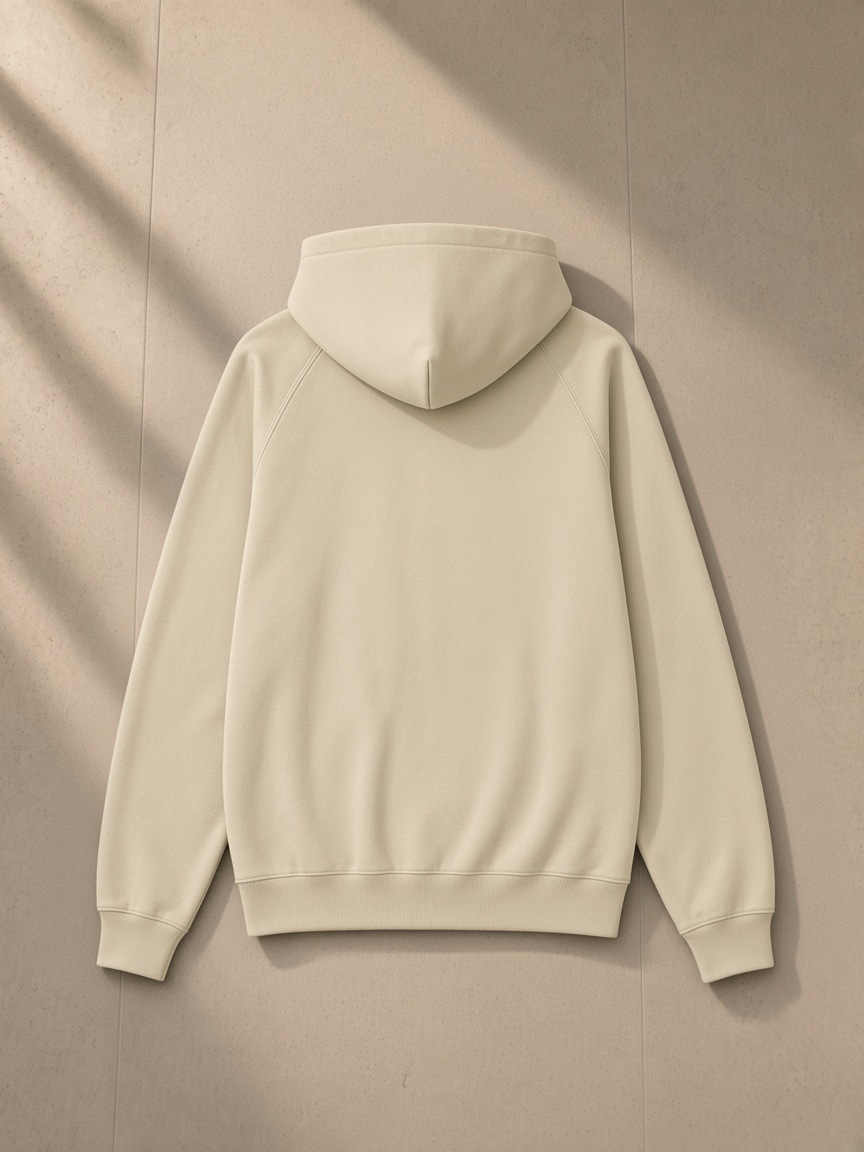 Essential zip-up fleece hoodie in Apricot, laid flat on pale limestone, back view