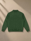 Vintage wash quarter-zip sweatshirt in Blackish Green, laid flat on pale limestone, back view
