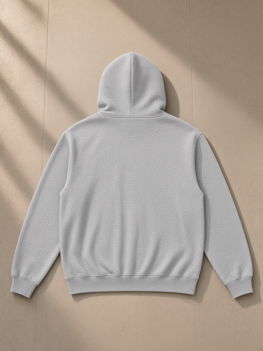 Unisex heavyweight zip-up hoodie in Flower Gray, laid flat on pale limestone, back view