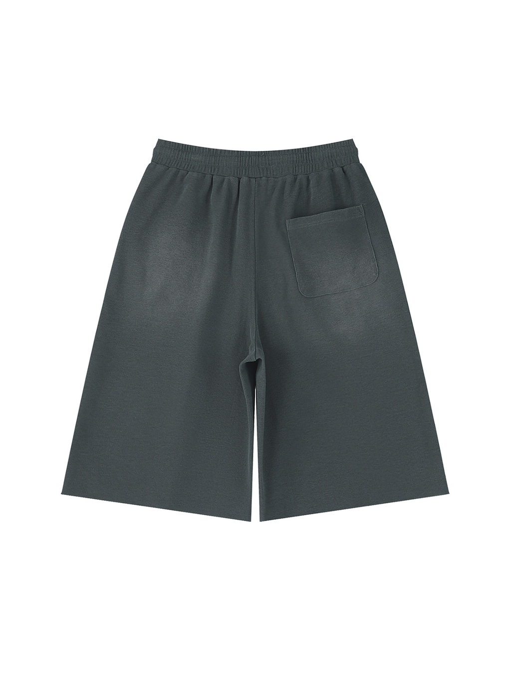 Unisex sunfade raw edge shorts in Gray, back view on white. Marcel Afters