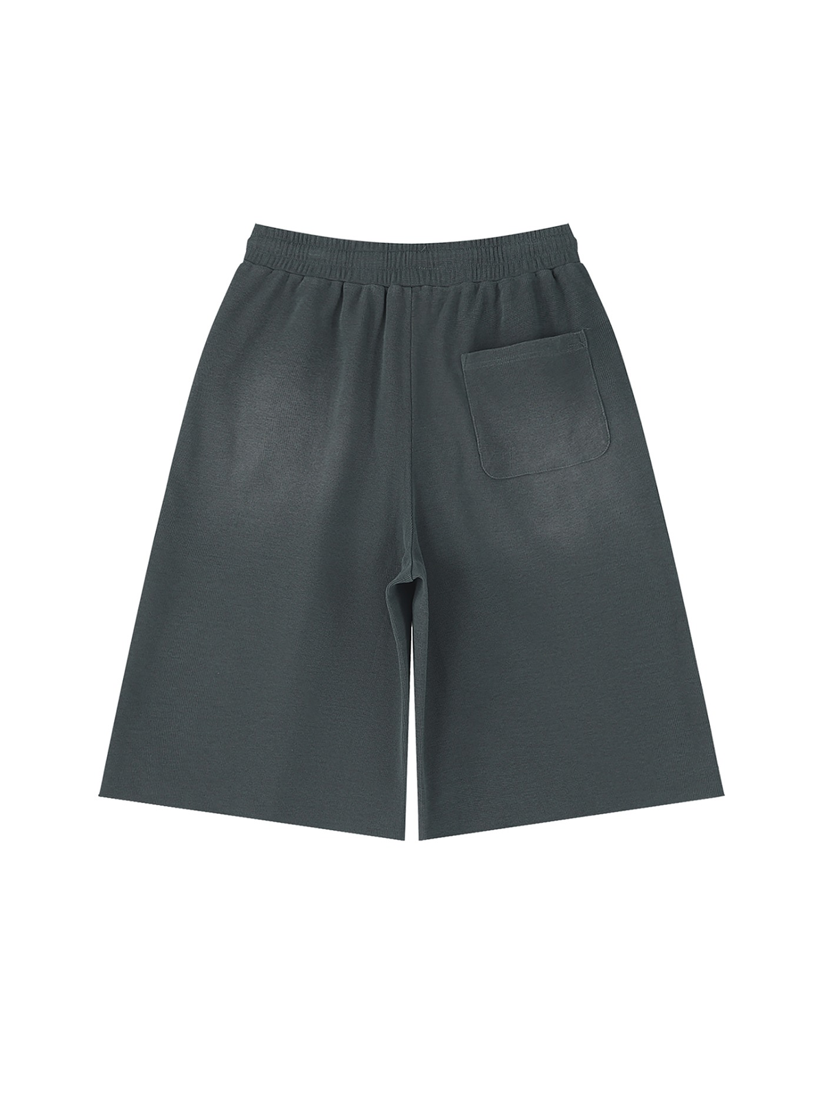 Unisex sunfade raw edge shorts in Gray, back view on white. Marcel Afters