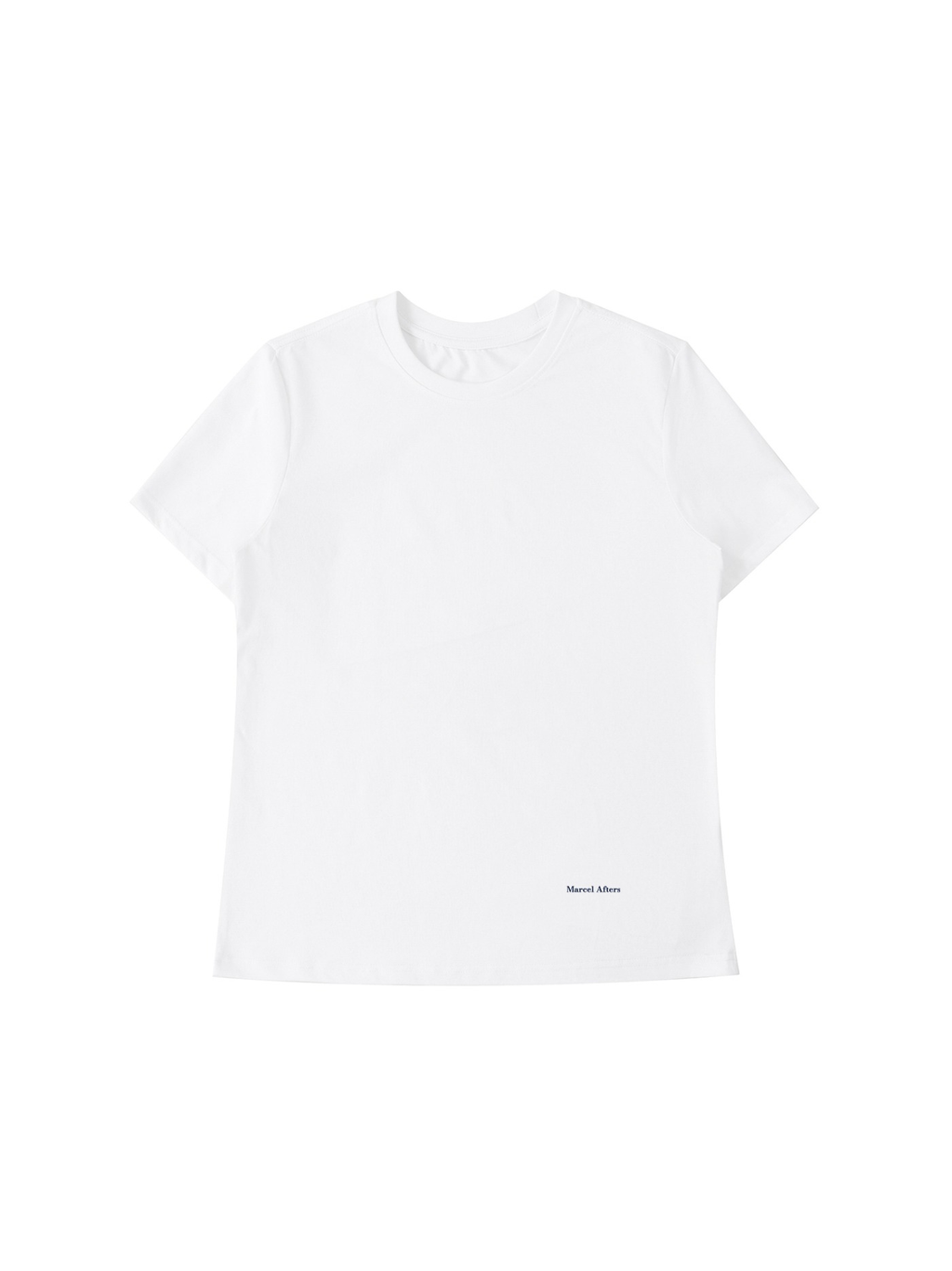 Women's standard shoulder t-shirt in White, front view on white. Marcel Afters