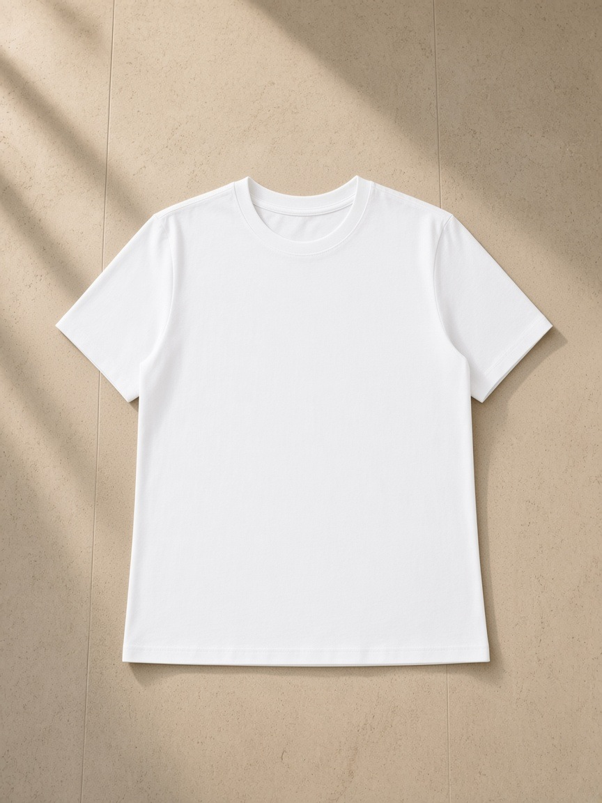 Women's standard shoulder t-shirt in White, laid flat on pale limestone
