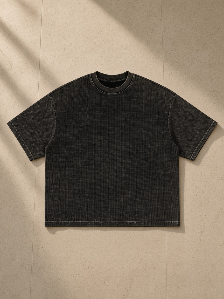 Unisex textured waffle washed boxy t-shirt in Black, laid flat on pale limestone