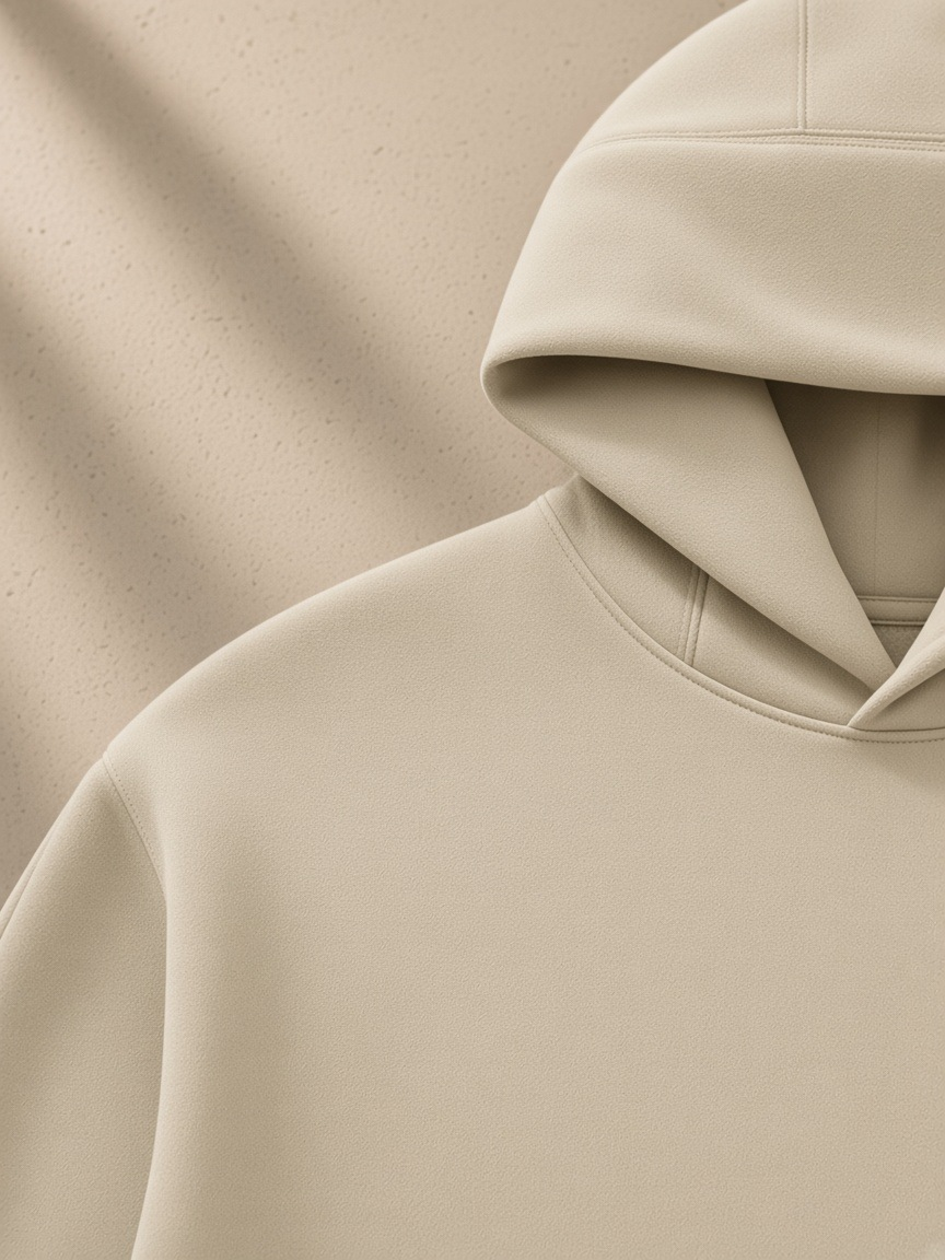 Heavyweight fleece boxy hoodie in Khaki, close-up of the hood and dropped shoulder on pale stone