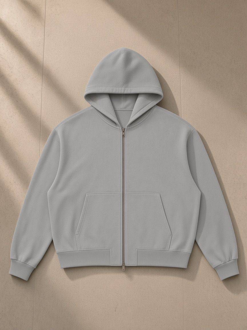 Vintage Wash Boxy Full Zip Hoodie in Light Gray, laid flat on pale limestone