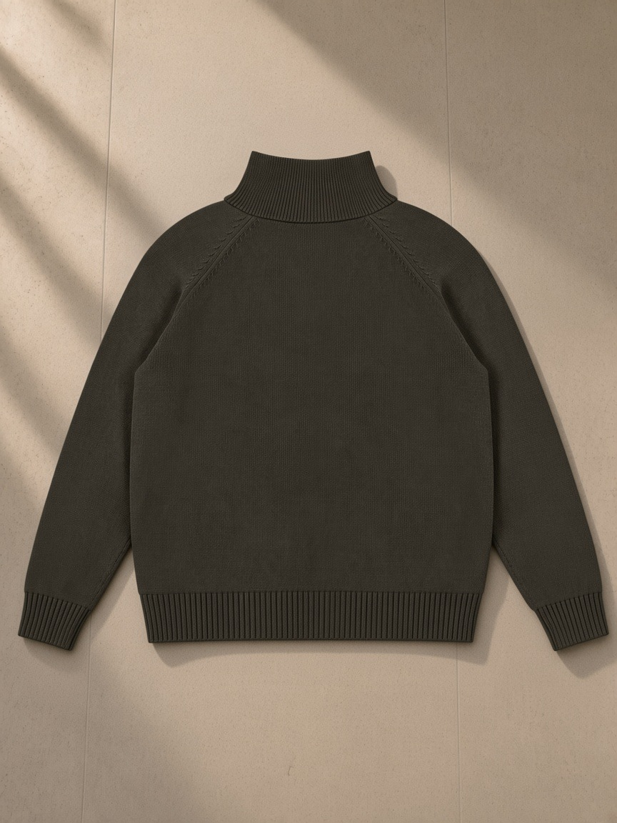 Quarter-zip pullover sweatshirt in Brown over a leather armchair in a Montana ranch lodge at night