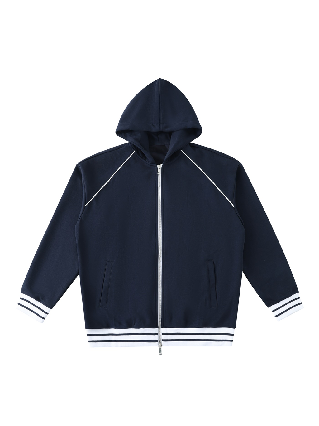 Unisex striped trim zip-up hoodie in Navy Blue, front view on white. Marcel Afters