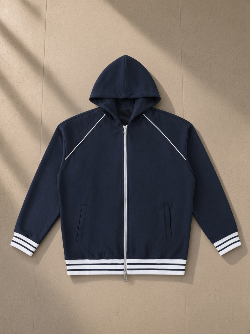 Striped Trim Zip-Up Hoodie in Navy Blue, laid flat on pale limestone, front.
