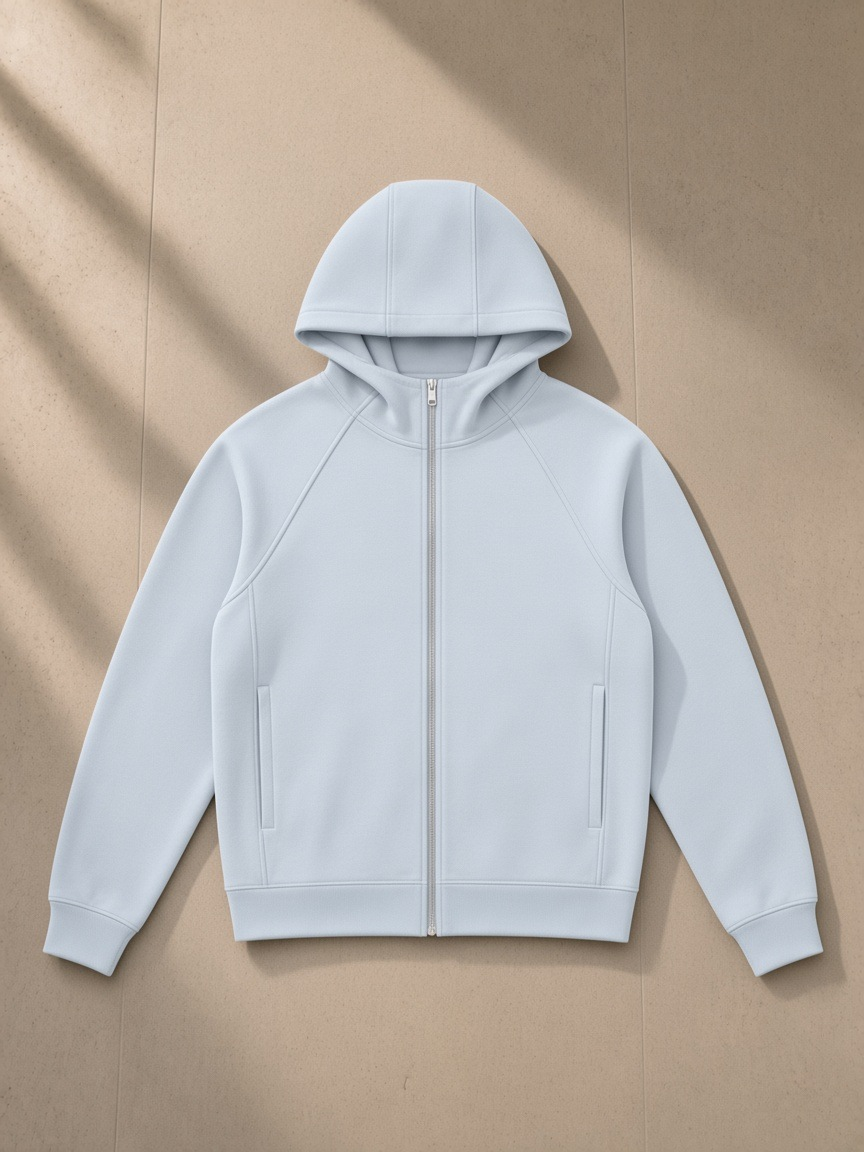 Raglan Full Zip Hoodie in Light Blue, laid flat on pale limestone, front.