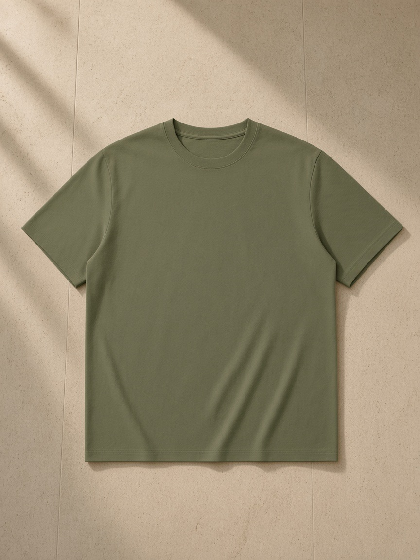 Sorona Quick-Dry Boxy T-Shirt in Army Green, laid flat on pale limestone