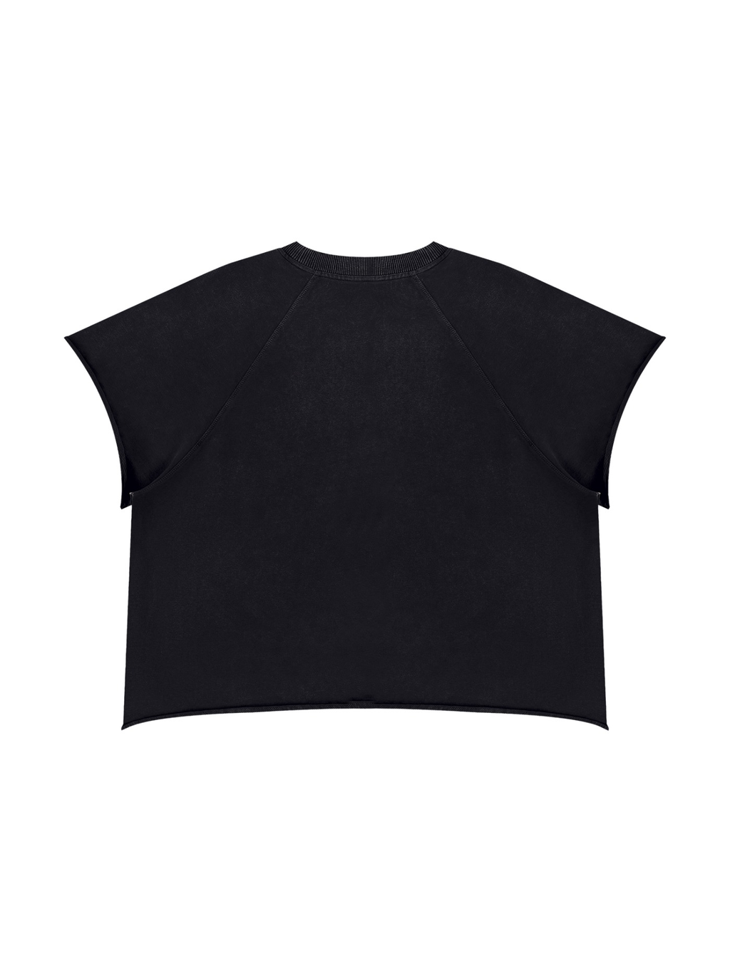 Unisex vintage wash raw edge boxy t-shirt in Black, back view on white. Marcel Afters