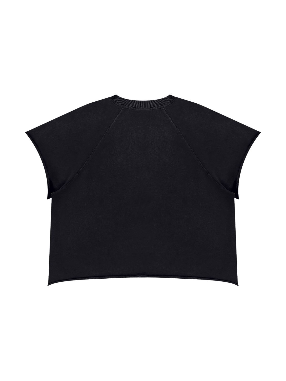 Unisex vintage wash raw edge boxy t-shirt in Black, back view on white. Marcel Afters