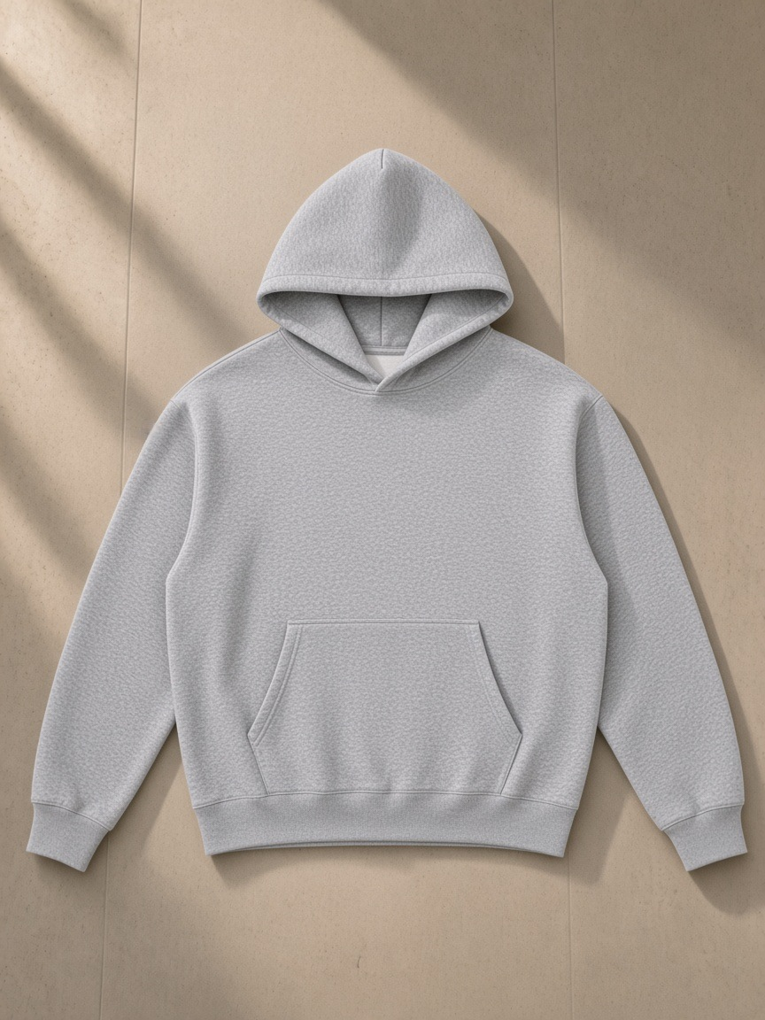 Essential Heavyweight Boxy Fleece Hoodie in Flower Gray, laid flat on pale limestone, front.