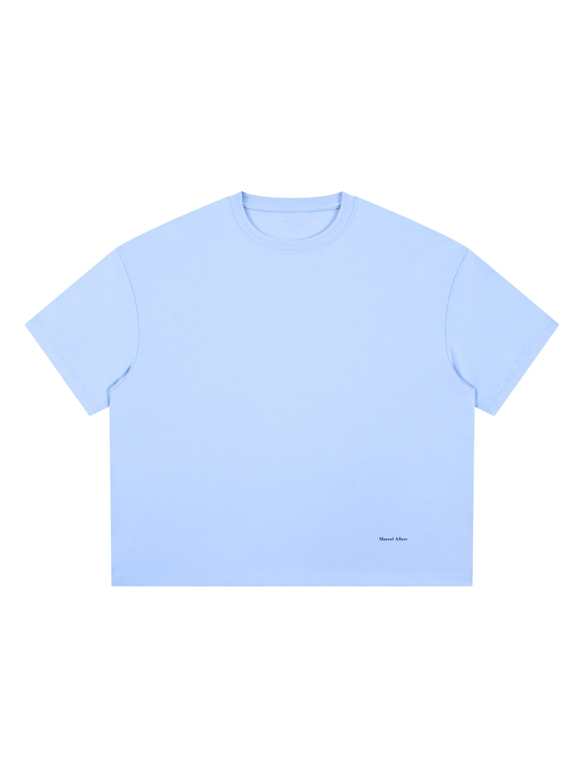 Unisex boxy Coolmax t-shirt in Light Blue, front view on white. Marcel Afters