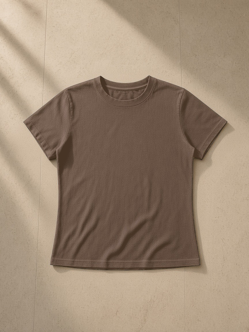 Vintage wash slim fit t-shirt in Coffee, laid flat on pale limestone, front view