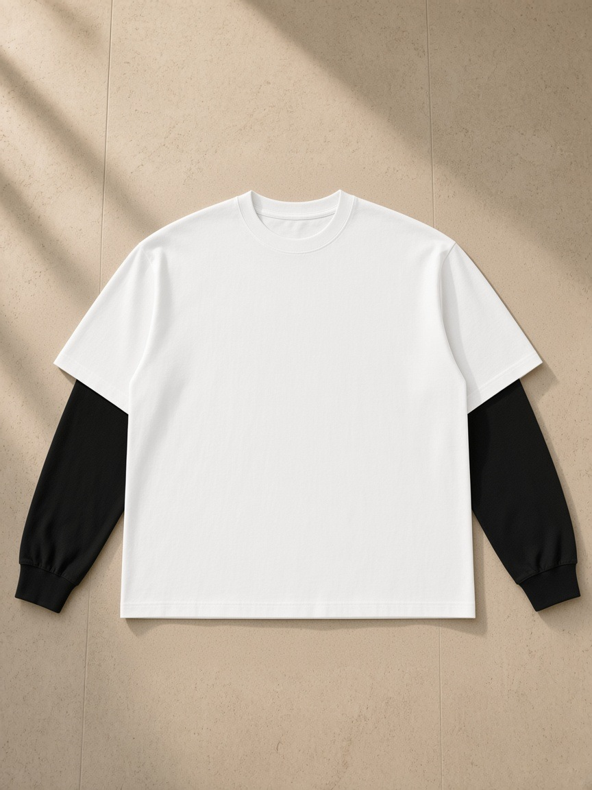 Layered contrast sleeve t-shirt in White with Black, laid flat on pale limestone
