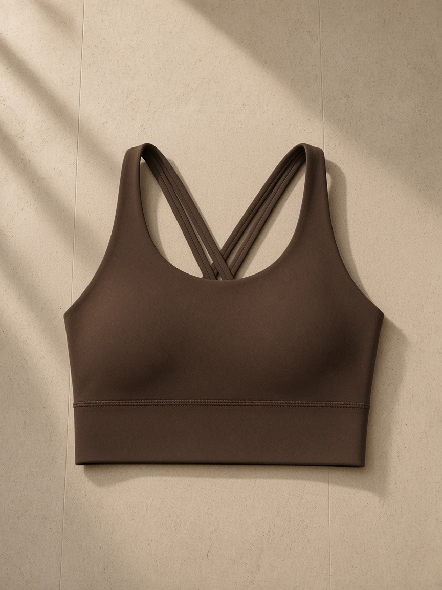 Strappy Criss-Cross Sports Bra in Brown, laid flat on pale limestone