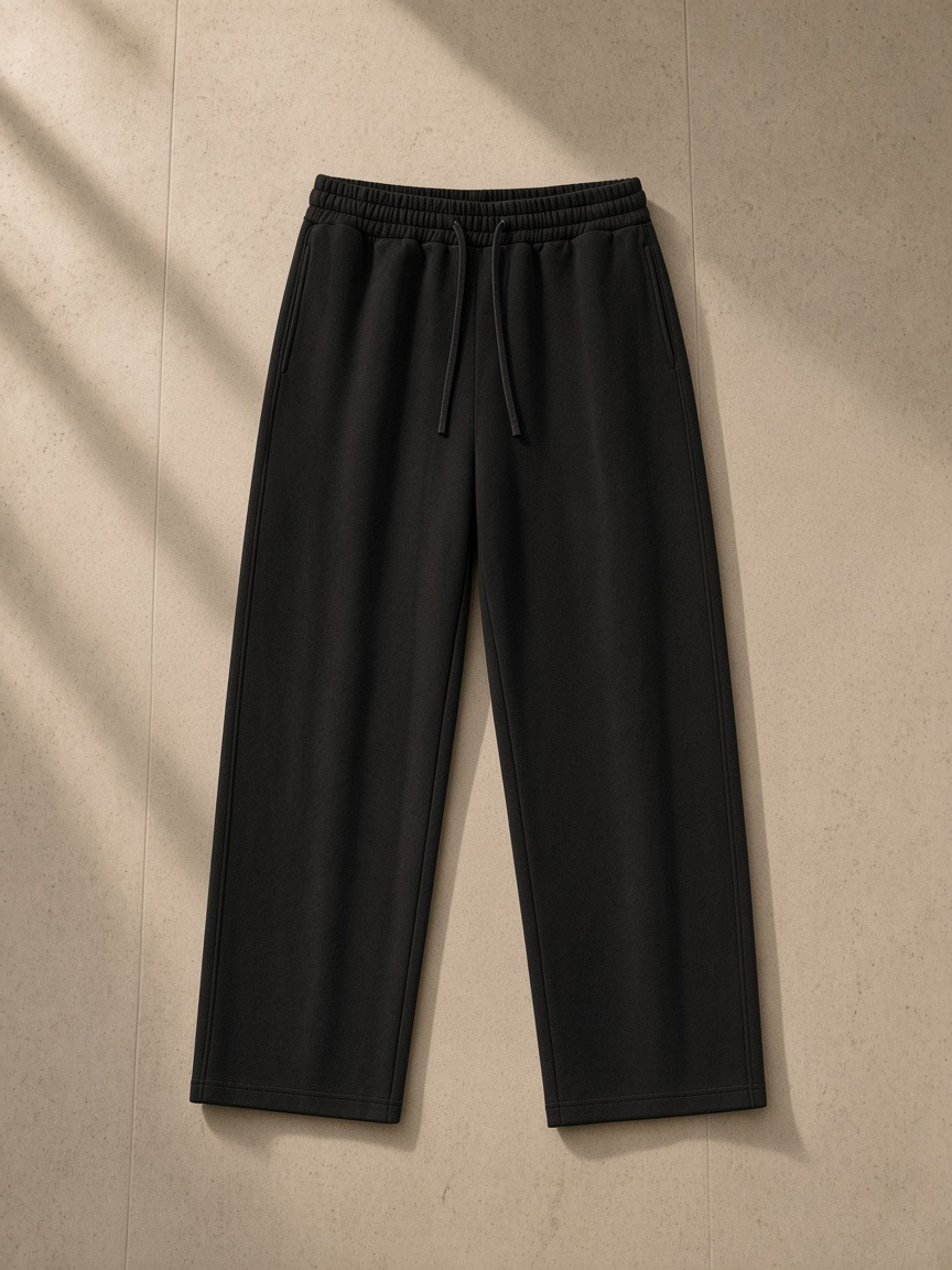 Unisex straight-leg sweatpants in Black laid over a marble vanity stool in a Tribeca loft at night