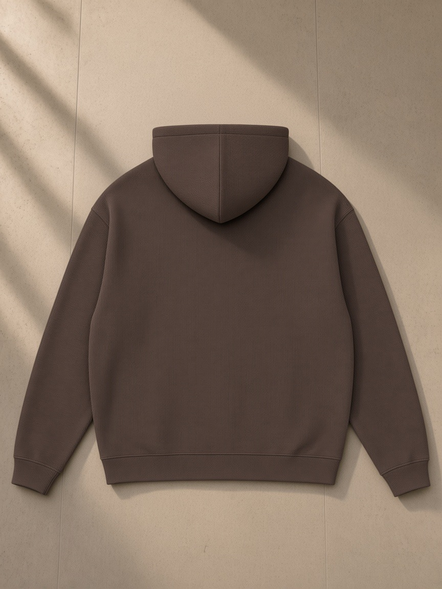 Waffle Hoodie in Coffee, laid flat on pale limestone, back view