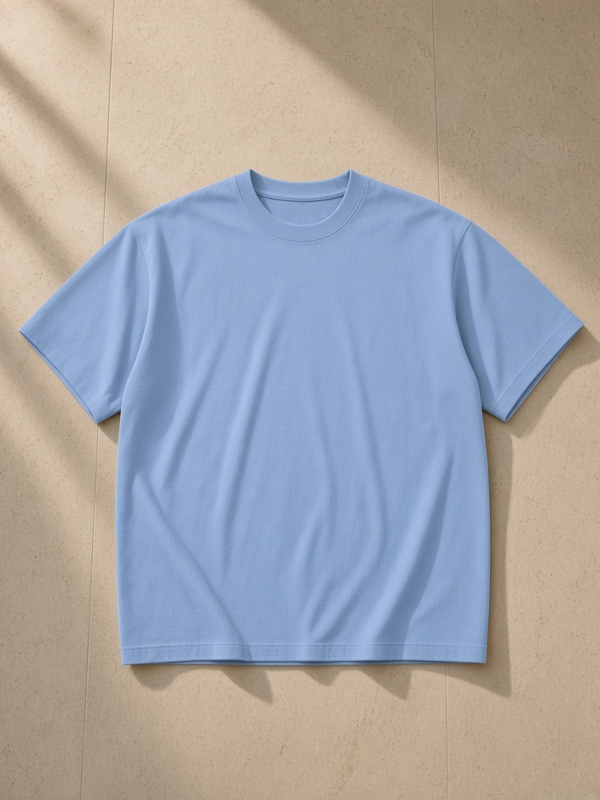 Sueded Cotton T-Shirt in Light Blue, laid flat on pale limestone, front.