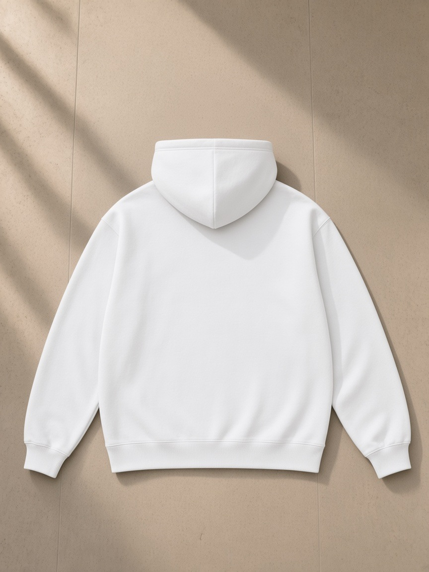 Unisex oversize heavyweight fleece hoodie in Lucent White, laid flat on pale limestone, back view