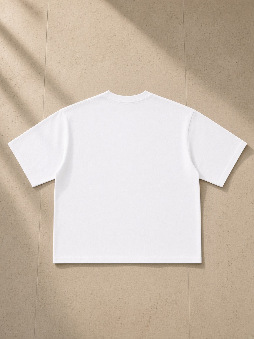 Women's Heavyweight Mineral Wash Boxy T-Shirt in White, laid flat on pale limestone, back view
