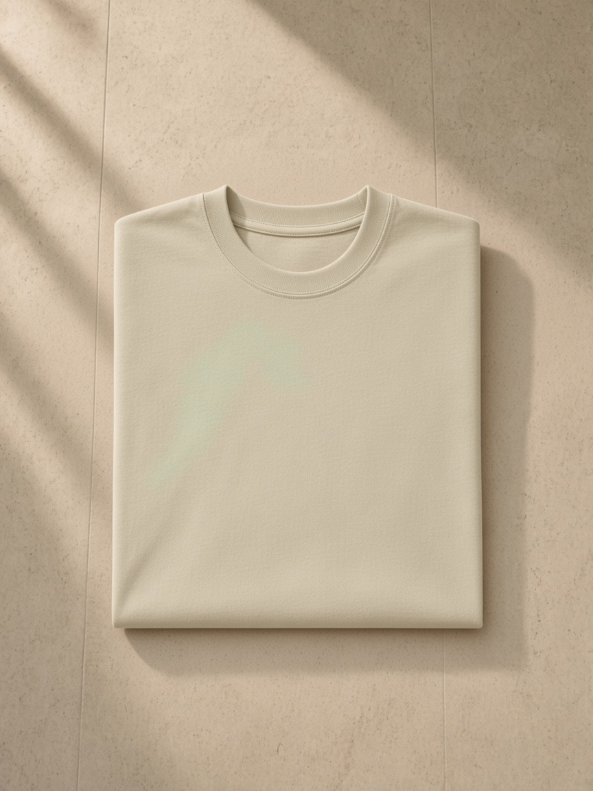 Men's Heavyweight Earth Tone T-Shirt in Sand Color, laid flat on pale limestone, folded.