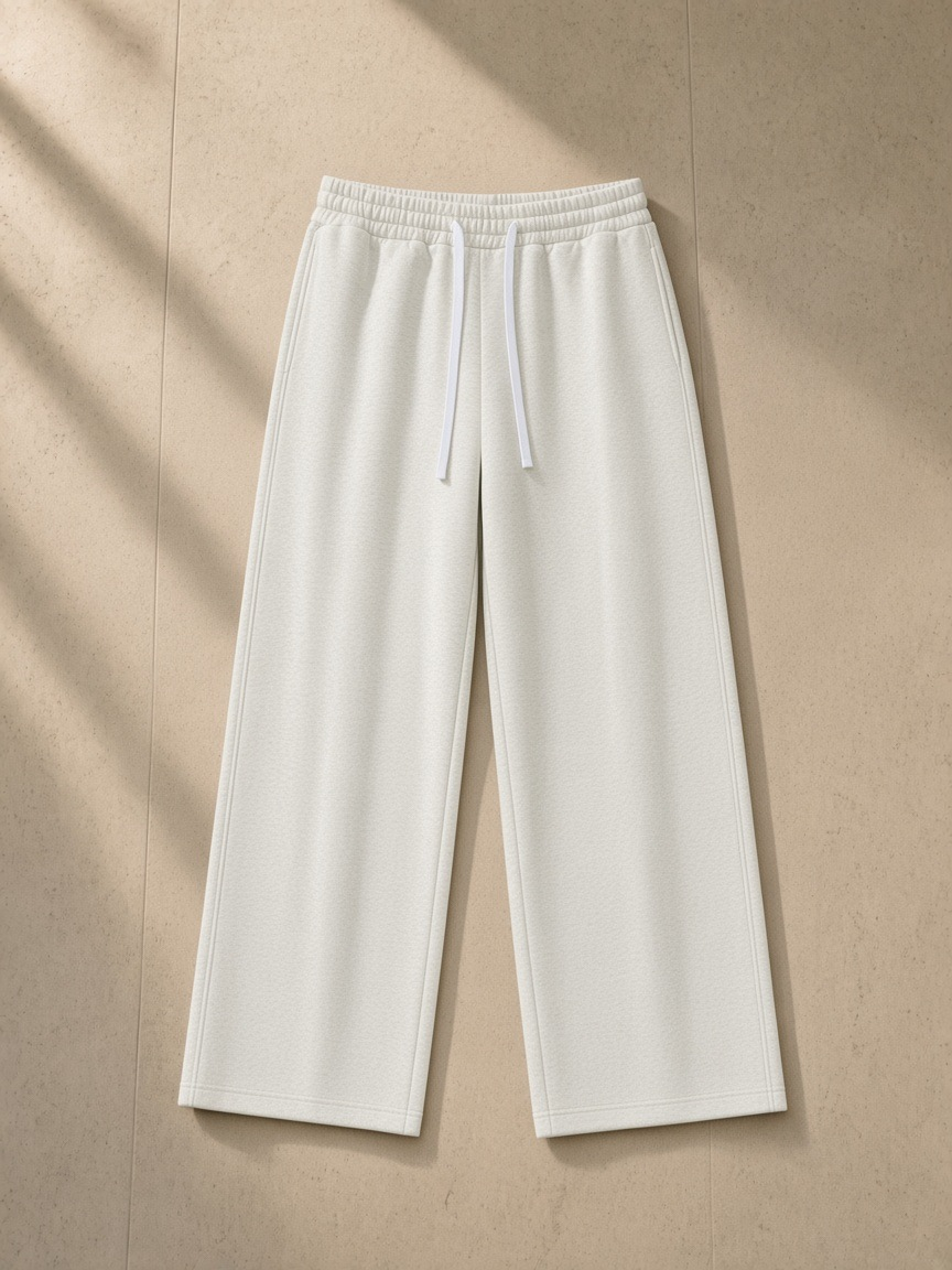 Women's wide leg sweatpants in Oat Gray, laid flat on pale limestone