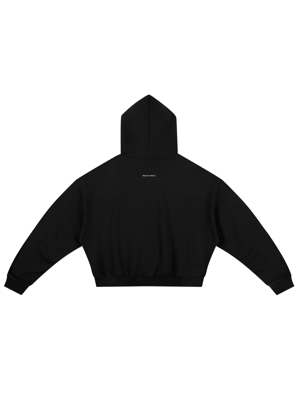 Unisex boxy darted sleeve hoodie in Black, back view on white. Marcel Afters