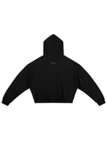 Unisex boxy darted sleeve hoodie in Black, back view on white. Marcel Afters